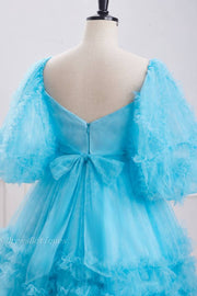 Light Blue Stunning Short Sleeves A-Line Short Tulle Homecoming Dress with Bow