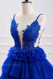 Royal Blue V-Neck A-Line Tulle Short Homecoming Dresses with Appliques