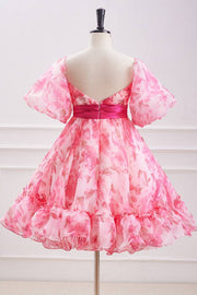 Flower Print A-Line Short Tulle Short Sleeves Homecoming Dresses with Tying Waist