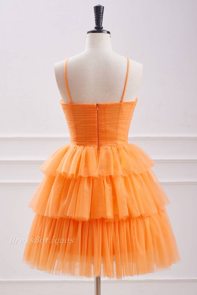 Orange Tiered Spaghetti Straps Sleeveless Short A-Line Tulle Homecoming Dresses