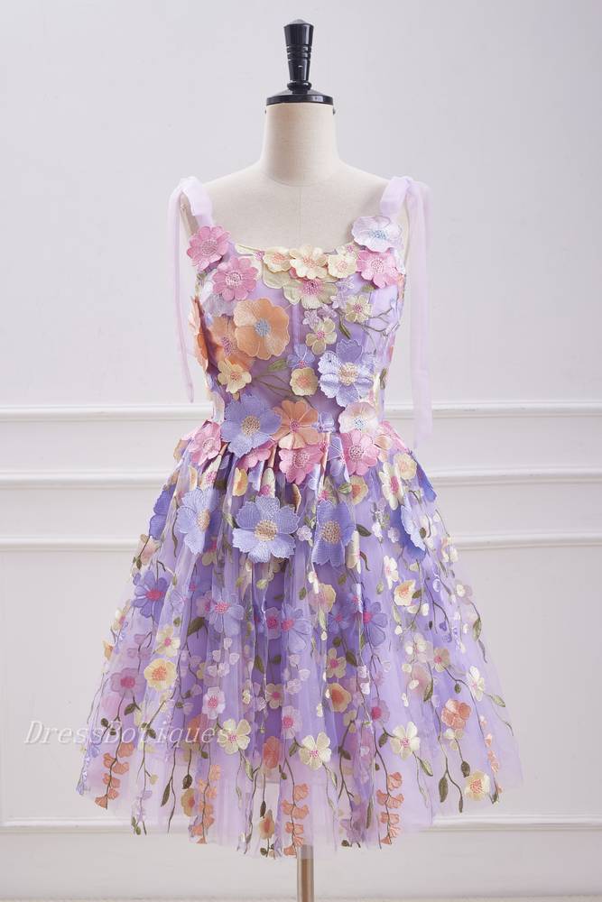 Lilac 3D Flower A-Line Sleeveless Short Tulle Homecoming Dresses