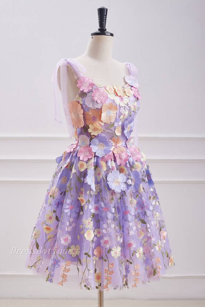 Lilac 3D Flower A-Line Sleeveless Short Tulle Homecoming Dresses