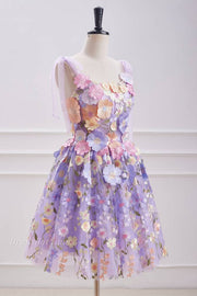 Lilac 3D Flower A-Line Sleeveless Short Tulle Homecoming Dresses