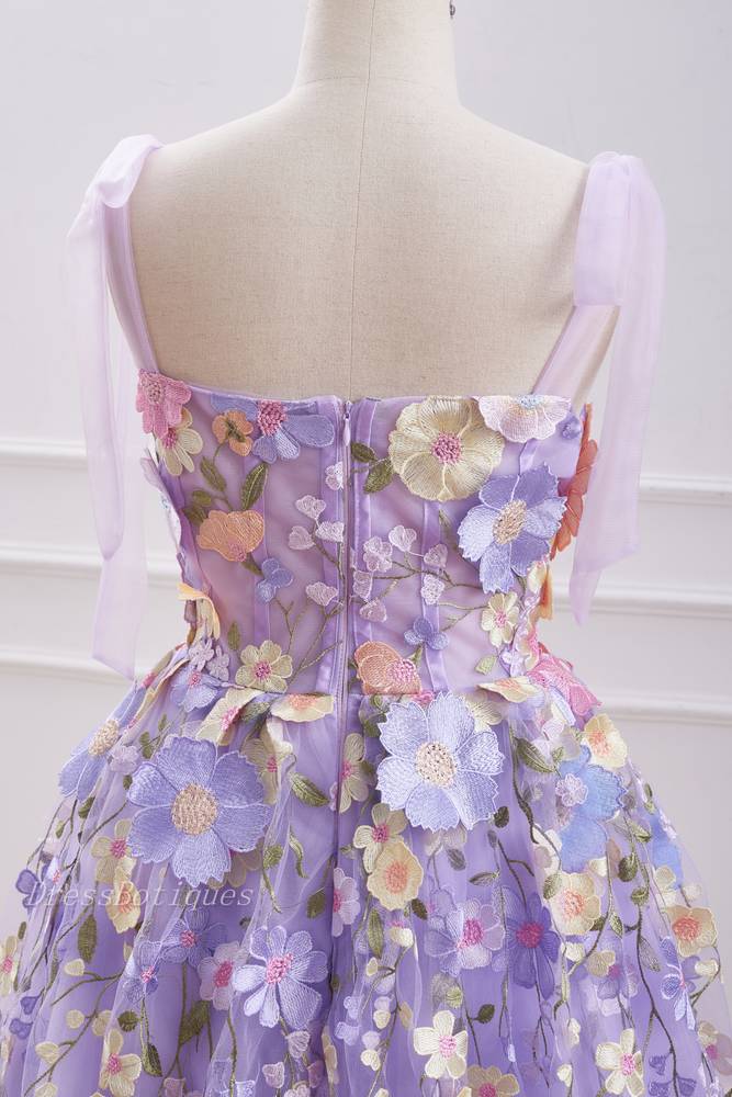 Lilac 3D Flower A-Line Sleeveless Short Tulle Homecoming Dresses