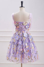 Lilac 3D Flower A-Line Sleeveless Short Tulle Homecoming Dresses