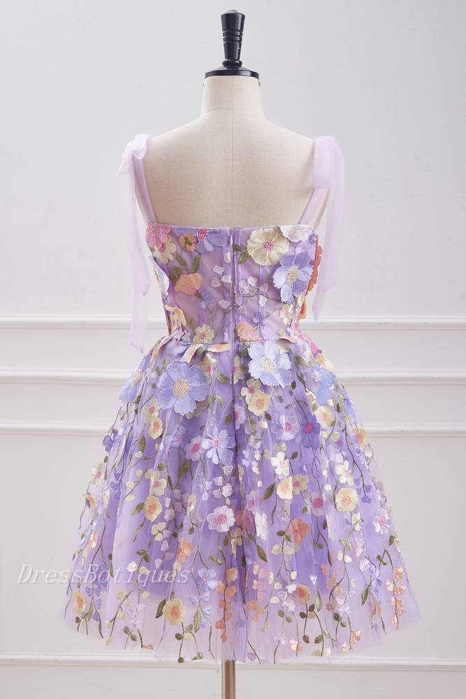 Lilac 3D Flower A-Line Sleeveless Short Tulle Homecoming Dresses