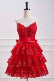 Beautiful Red V-Neck Strapless Sequined A-Line Lace Short Homecoming Dresses with Bow