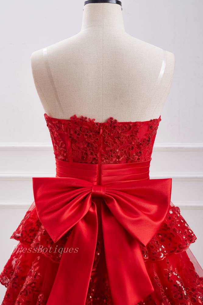 Beautiful Red V-Neck Strapless Sequined A-Line Lace Short Homecoming Dresses with Bow