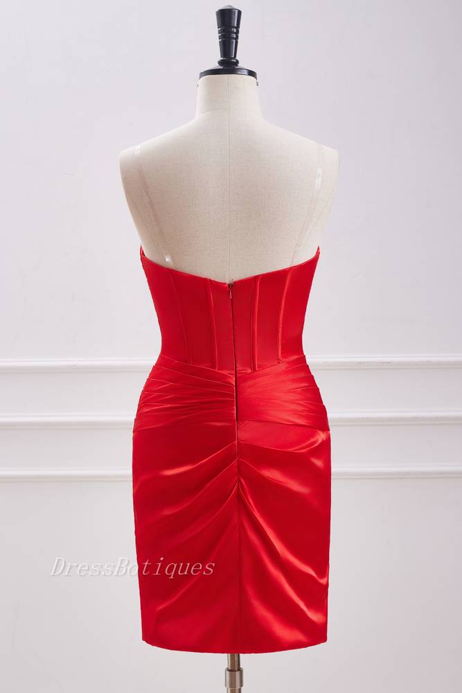 Keyhole Strapless Sweetheart Short Red Satin Homecoming Dresses