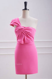 Unique One-Shoulder Candy Pink Short Satin Sheath Homecoming Dresses