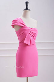 Unique One-Shoulder Candy Pink Short Satin Sheath Homecoming Dresses