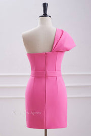 Unique One-Shoulder Candy Pink Short Satin Sheath Homecoming Dresses