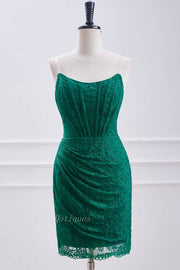 Dark Green Fabulous Short Sheath Strapless Lace Homecoming Dresses with Rhinestones