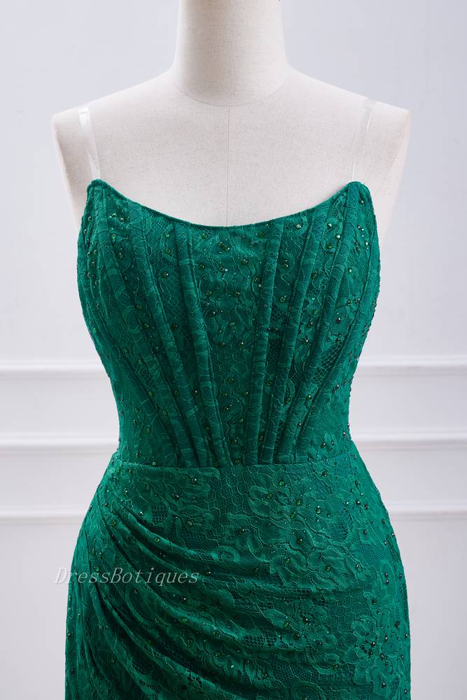 Dark Green Fabulous Short Sheath Strapless Lace Homecoming Dresses with Rhinestones