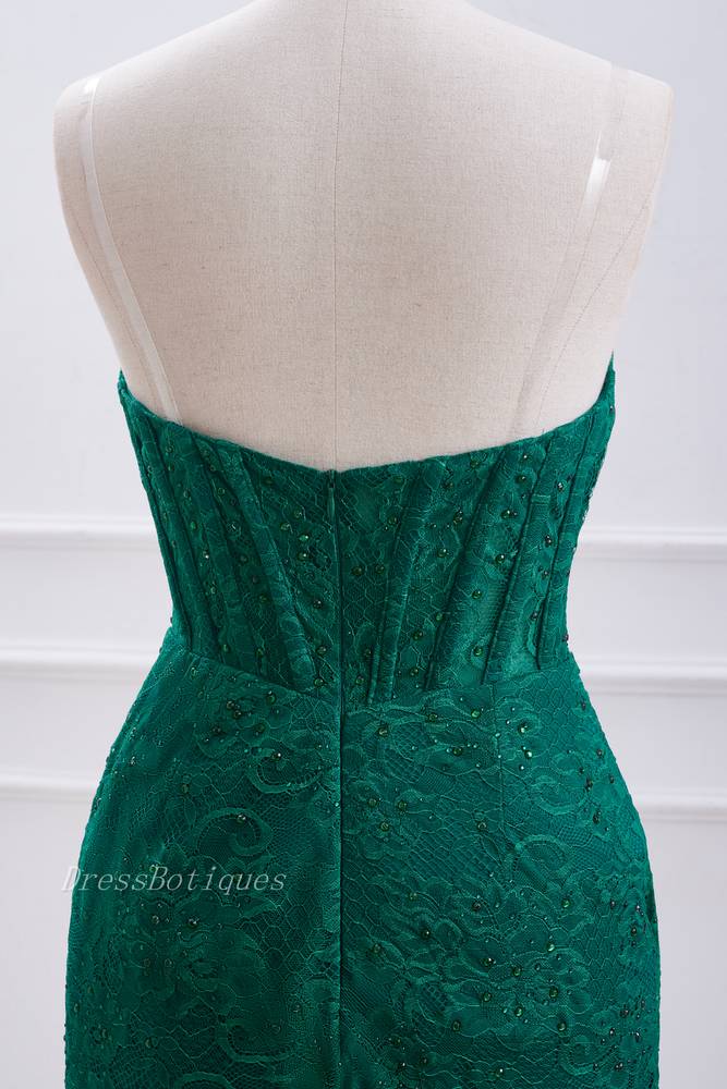 Dark Green Fabulous Short Sheath Strapless Lace Homecoming Dresses with Rhinestones