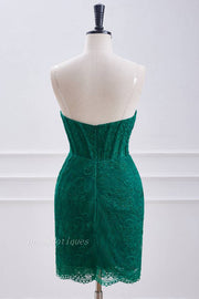 Dark Green Fabulous Short Sheath Strapless Lace Homecoming Dresses with Rhinestones