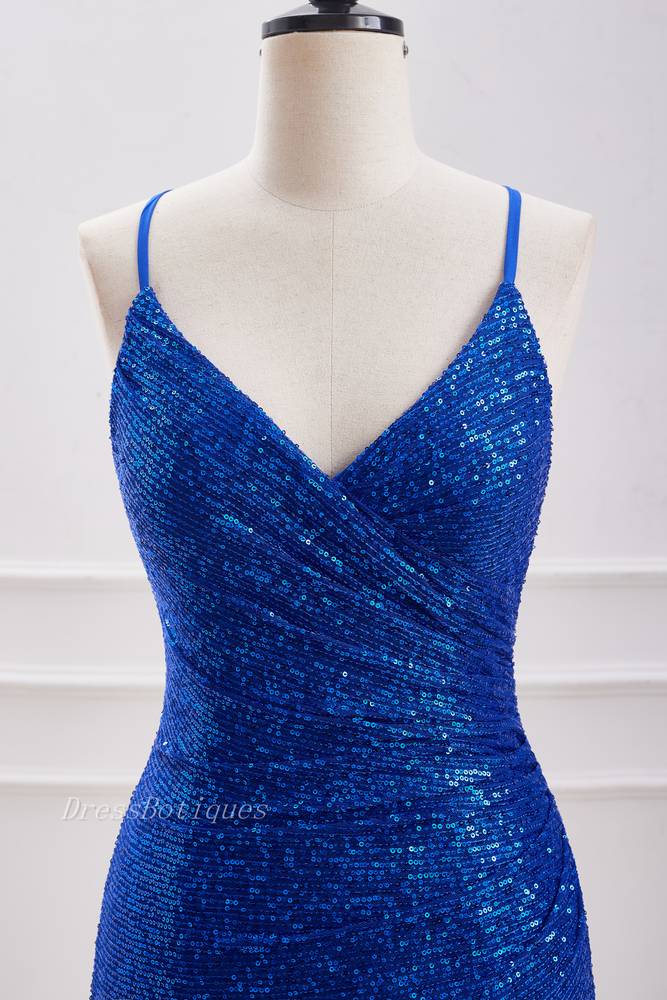 Royal Blue Spaghetti Straps Sequined Sheath Short Homecoming Dresses