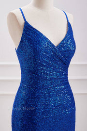 Royal Blue Spaghetti Straps Sequined Sheath Short Homecoming Dresses