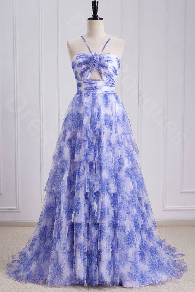 Lavender Floral Print A Line Tiered Ruffles Long Prom Dresses