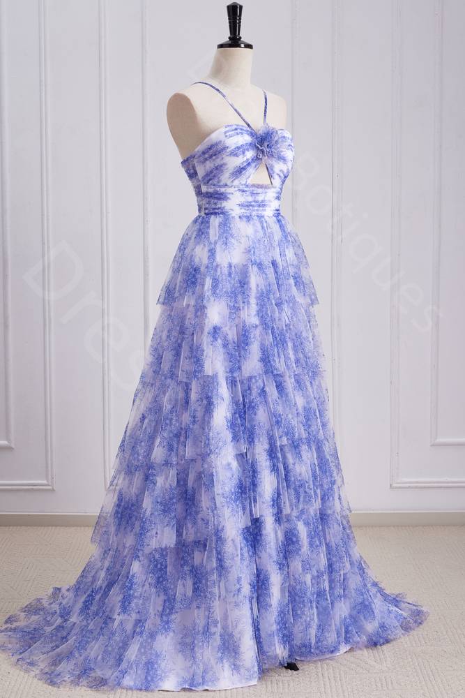 Lavender Floral Print A Line Tiered Ruffles Long Prom Dresses