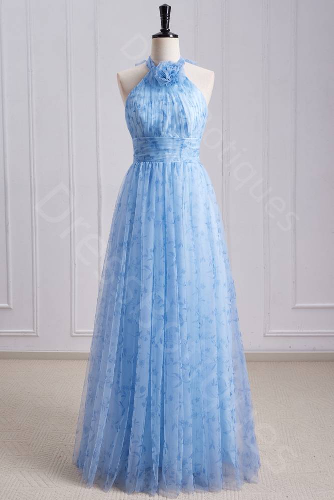 Blue Halter A Line Floral Print Tiered Long Prom Dresses