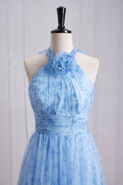 Blue Halter A Line Floral Print Tiered Long Prom Dresses