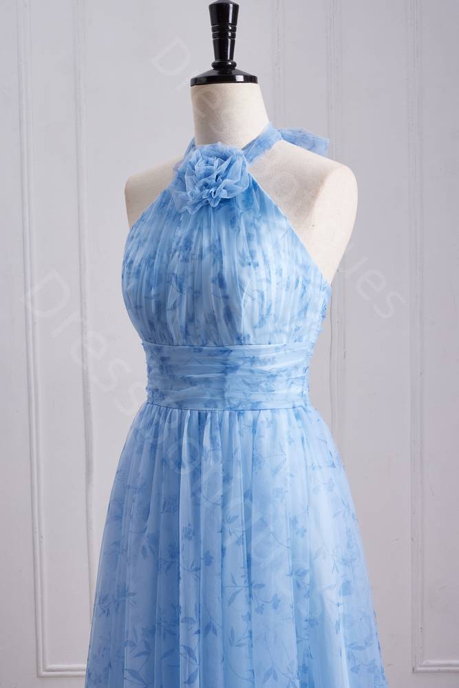 Blue Halter A Line Floral Print Tiered Long Prom Dresses