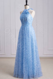 Blue Halter A Line Floral Print Tiered Long Prom Dresses