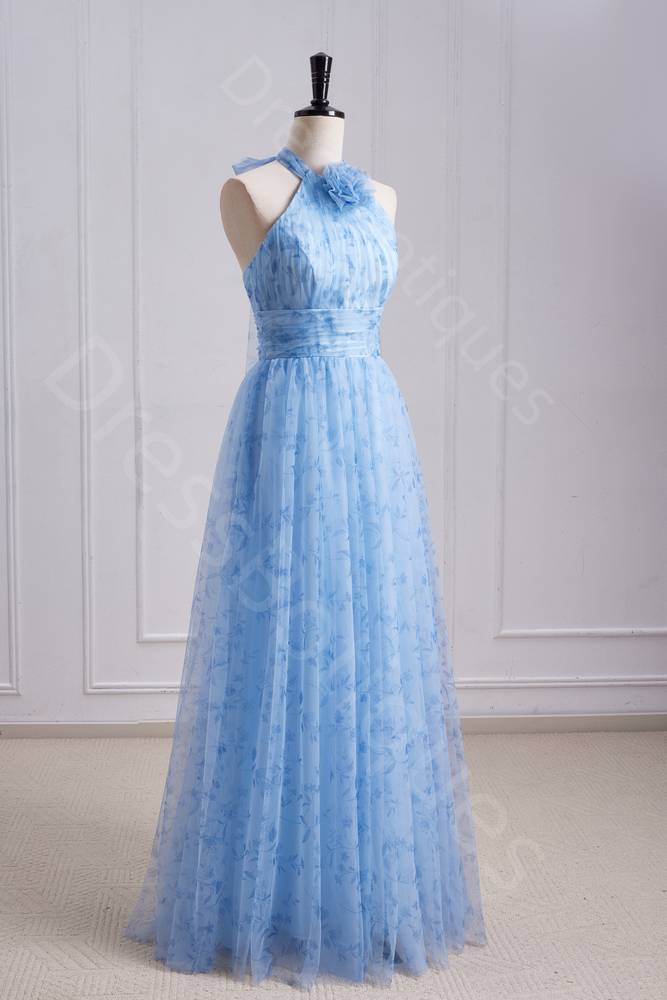 Blue Halter A Line Floral Print Tiered Long Prom Dresses