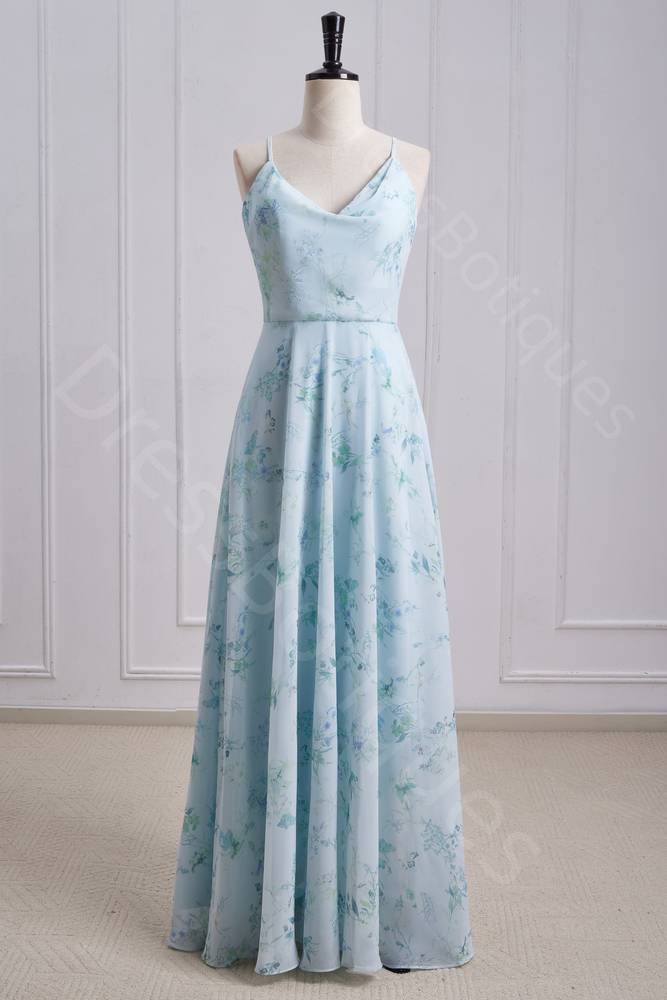 Floral Print Cowl Neck A Line Pleated Long Prom Dresses