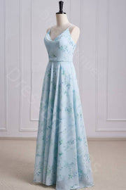 Floral Print Cowl Neck A Line Pleated Long Prom Dresses