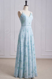 Floral Print Cowl Neck A Line Pleated Long Prom Dresses