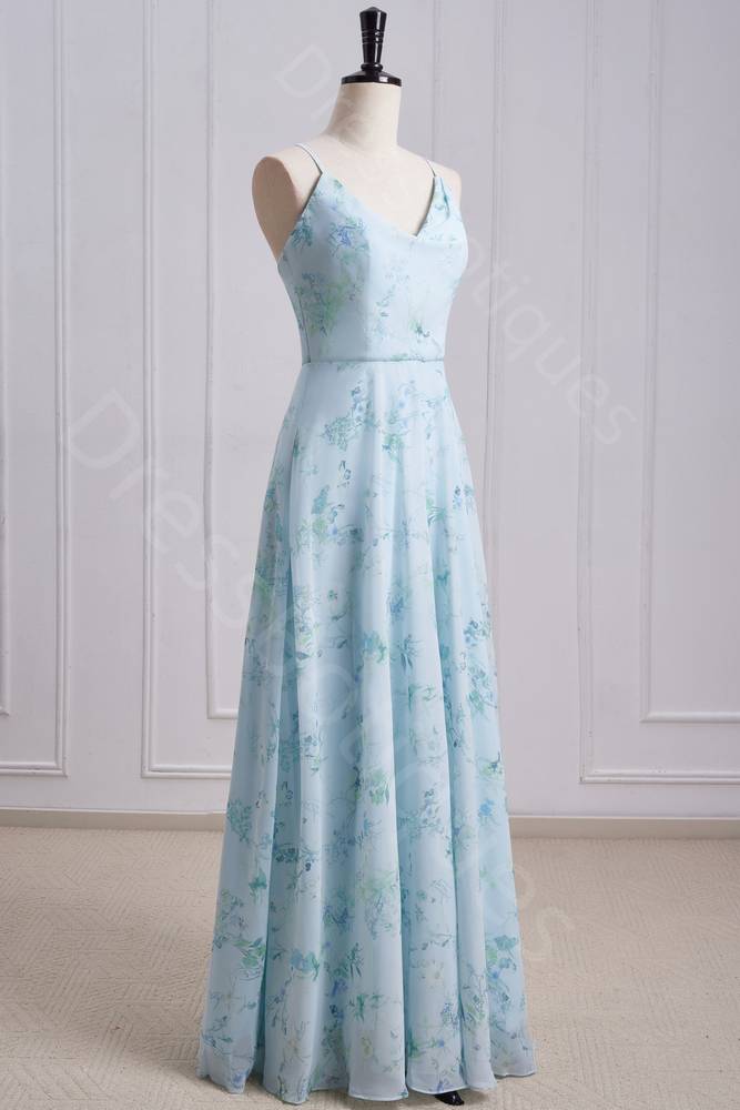 Floral Print Cowl Neck A Line Pleated Long Prom Dresses