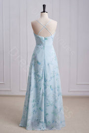 Floral Print Cowl Neck A Line Pleated Long Prom Dresses