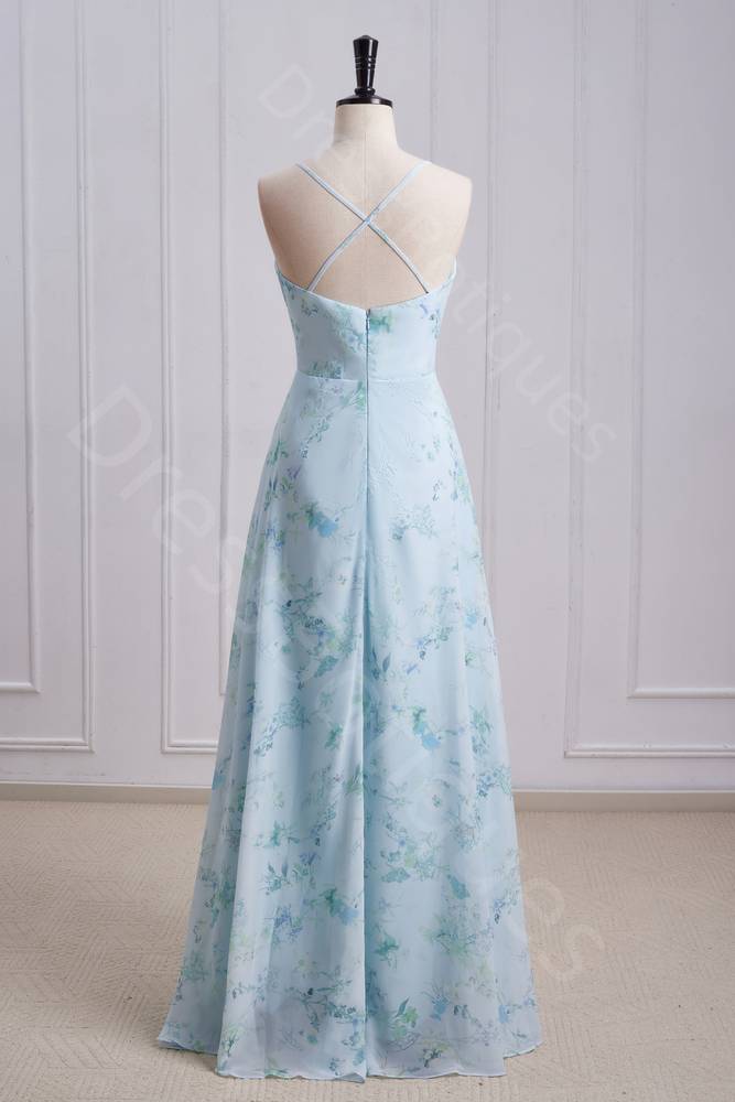 Floral Print Cowl Neck A Line Pleated Long Prom Dresses