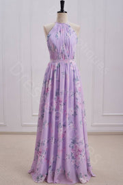 Lilac A-Line Crew Neck Sleeveless Floral Print Pleated Long Prom Dresses with Sash