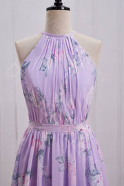 Lilac A-Line Crew Neck Sleeveless Floral Print Pleated Long Prom Dresses with Sash