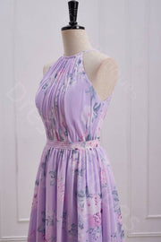 Lilac A-Line Crew Neck Sleeveless Floral Print Pleated Long Prom Dresses with Sash