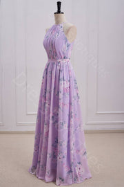 Lilac A-Line Crew Neck Sleeveless Floral Print Pleated Long Prom Dresses with Sash