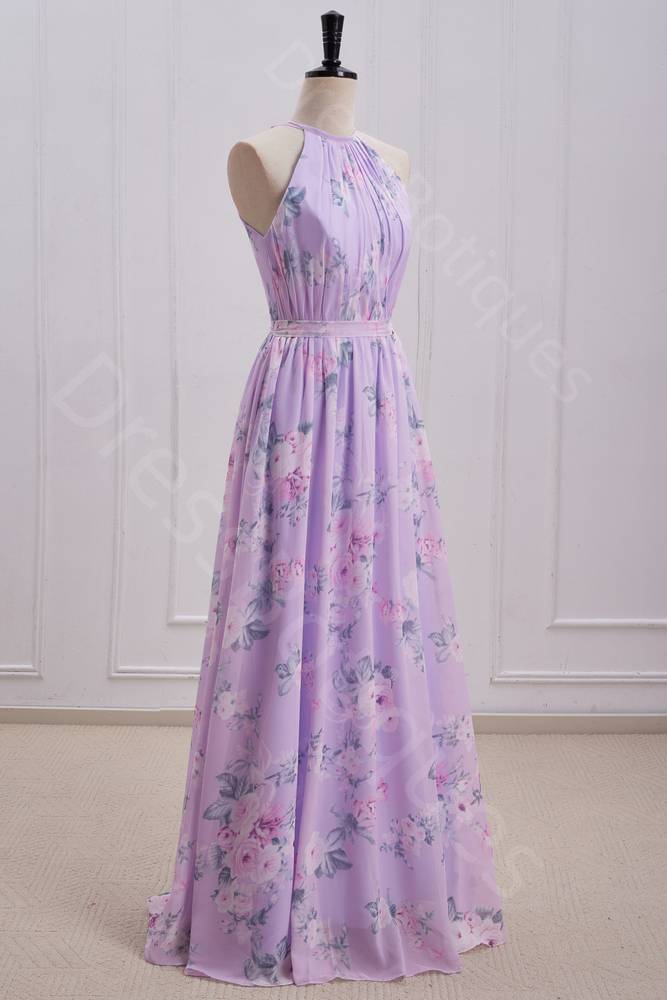 Lilac A-Line Crew Neck Sleeveless Floral Print Pleated Long Prom Dresses with Sash