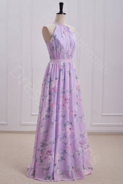 Lilac A-Line Crew Neck Sleeveless Floral Print Pleated Long Prom Dresses with Sash