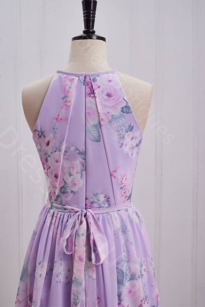 Lilac A-Line Crew Neck Sleeveless Floral Print Pleated Long Prom Dresses with Sash