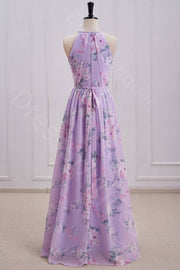 Lilac A-Line Crew Neck Sleeveless Floral Print Pleated Long Prom Dresses with Sash