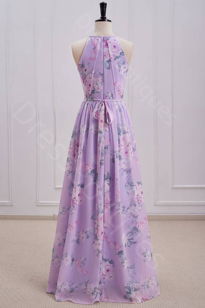 Lilac A-Line Crew Neck Sleeveless Floral Print Pleated Long Prom Dresses with Sash