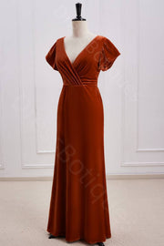 Cabernet Floor-Length V-Neck Short Sleeves A-Line Velvet Prom Dresses