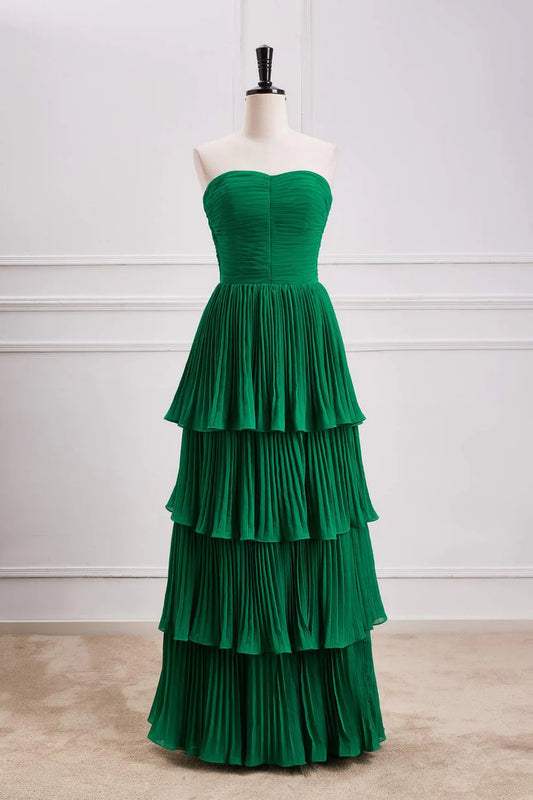 Hunter Green Strapless A-line Tiered Prom Dress