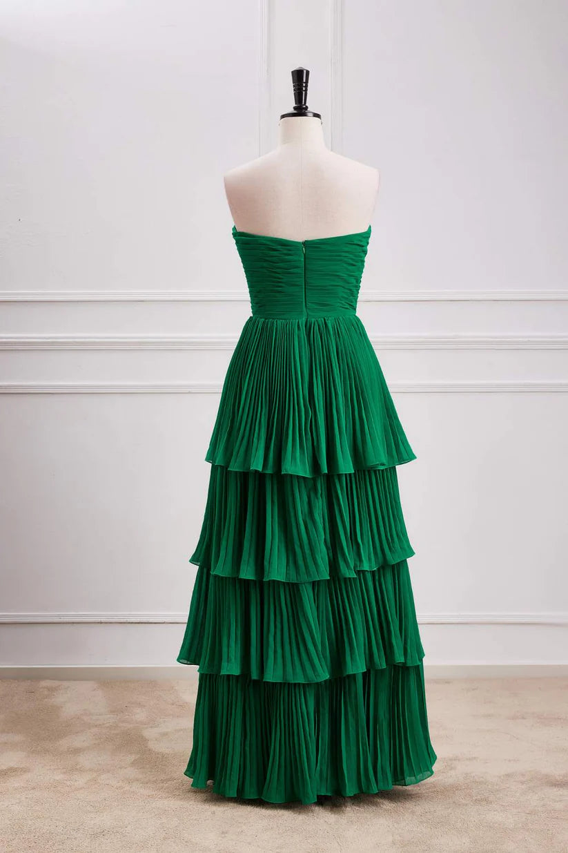 Emerald Strapless Sweetheart A-Line Tiered Prom Dresses