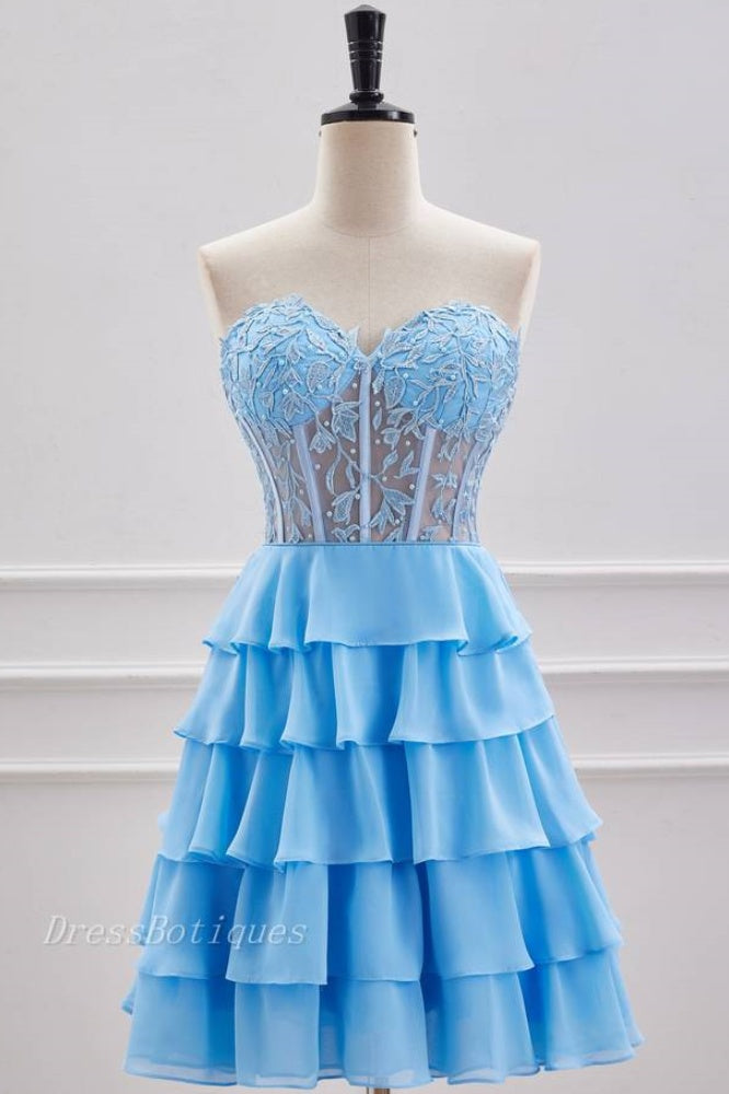 Light Blue Strapless V-Neck Short A-Line Chiffon Homecoming Dresses with Beads