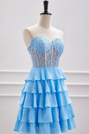 Light Blue Strapless V-Neck Short A-Line Chiffon Homecoming Dresses with Beads