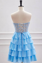 Light Blue Strapless V-Neck Short A-Line Chiffon Homecoming Dresses with Beads